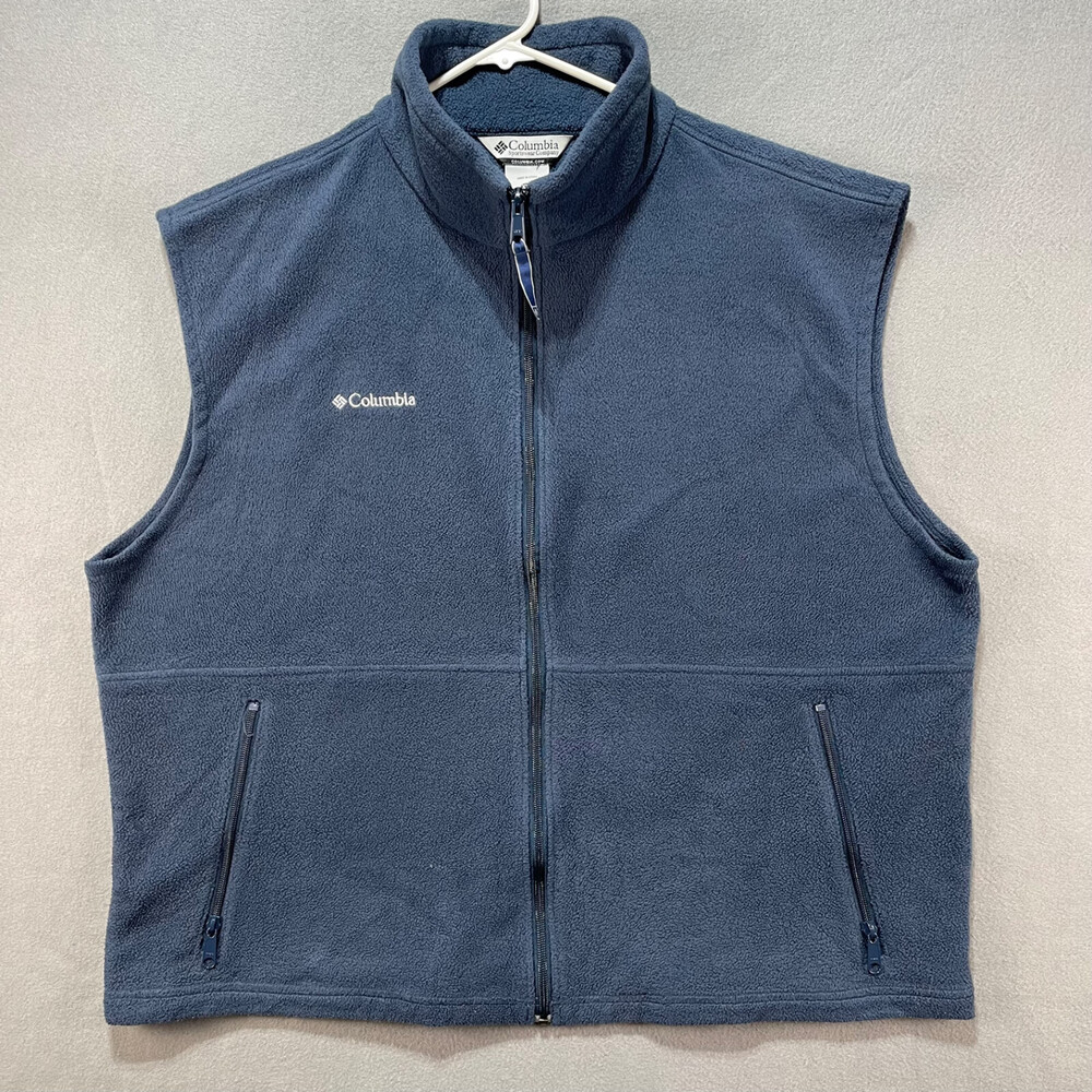 Columbia Mens Fleece Full Zip Vest 2XL Blue Outdoor Golf Fishing Hiking Pockets
